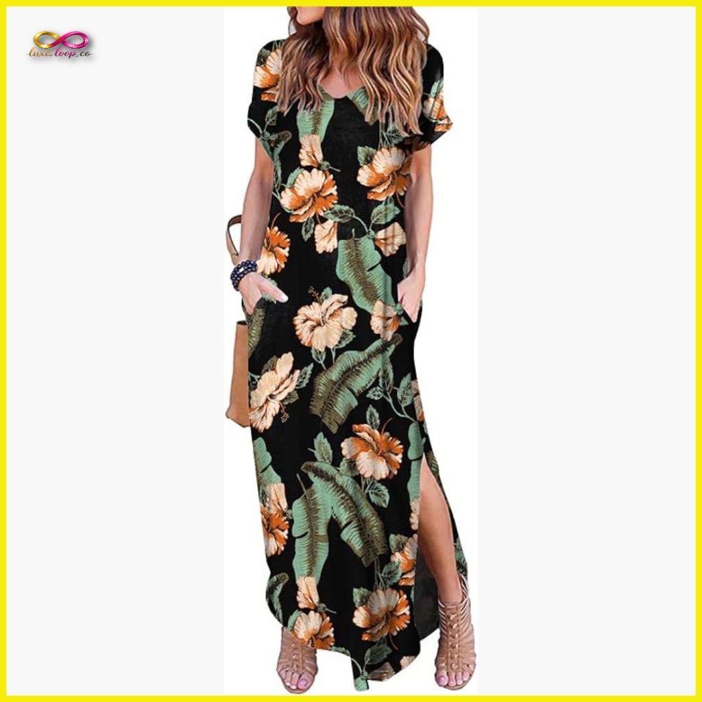 Loose Fit Maxi Dress With Side Pockets V-Neck Split Hem Elegant Boho
